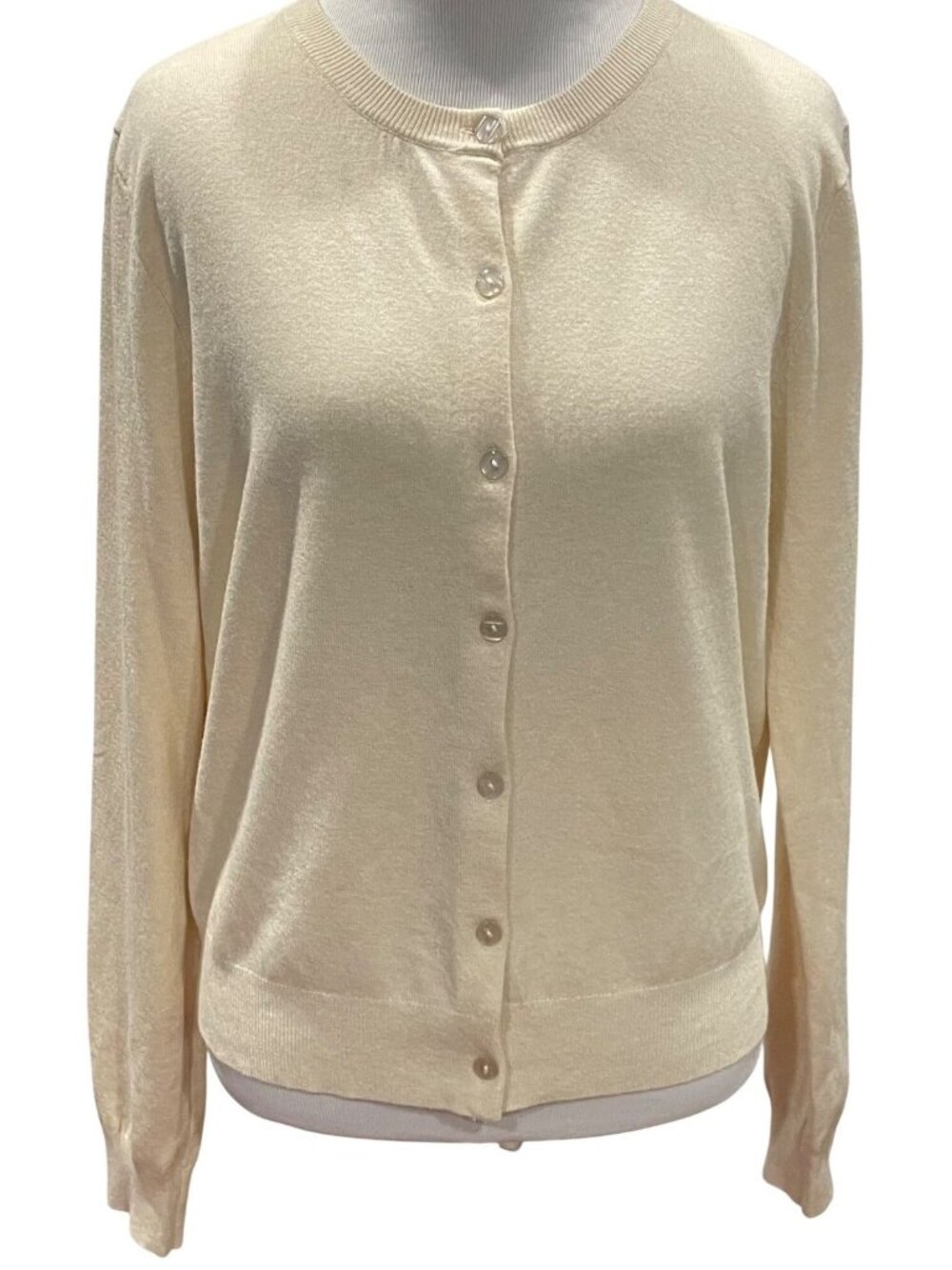 Cielo Crew Neck Cardigan Size L Ivory Stretch Preppy‎ Capsule Parisian Academia